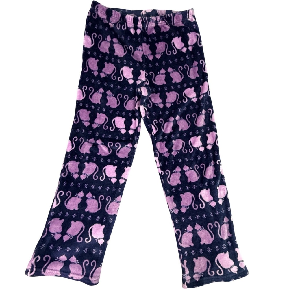 Women's Fleece‎ Pajama Pants Cat Print Size L Navy Purple Cats Cozy Fluffy